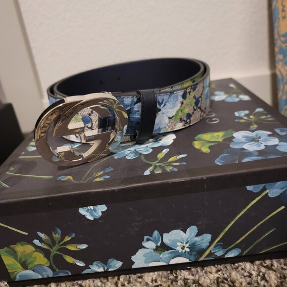 GG Supreme Monogram Blooms Interlocking G Belt Beige Blue Navy - Picture 6 of 7